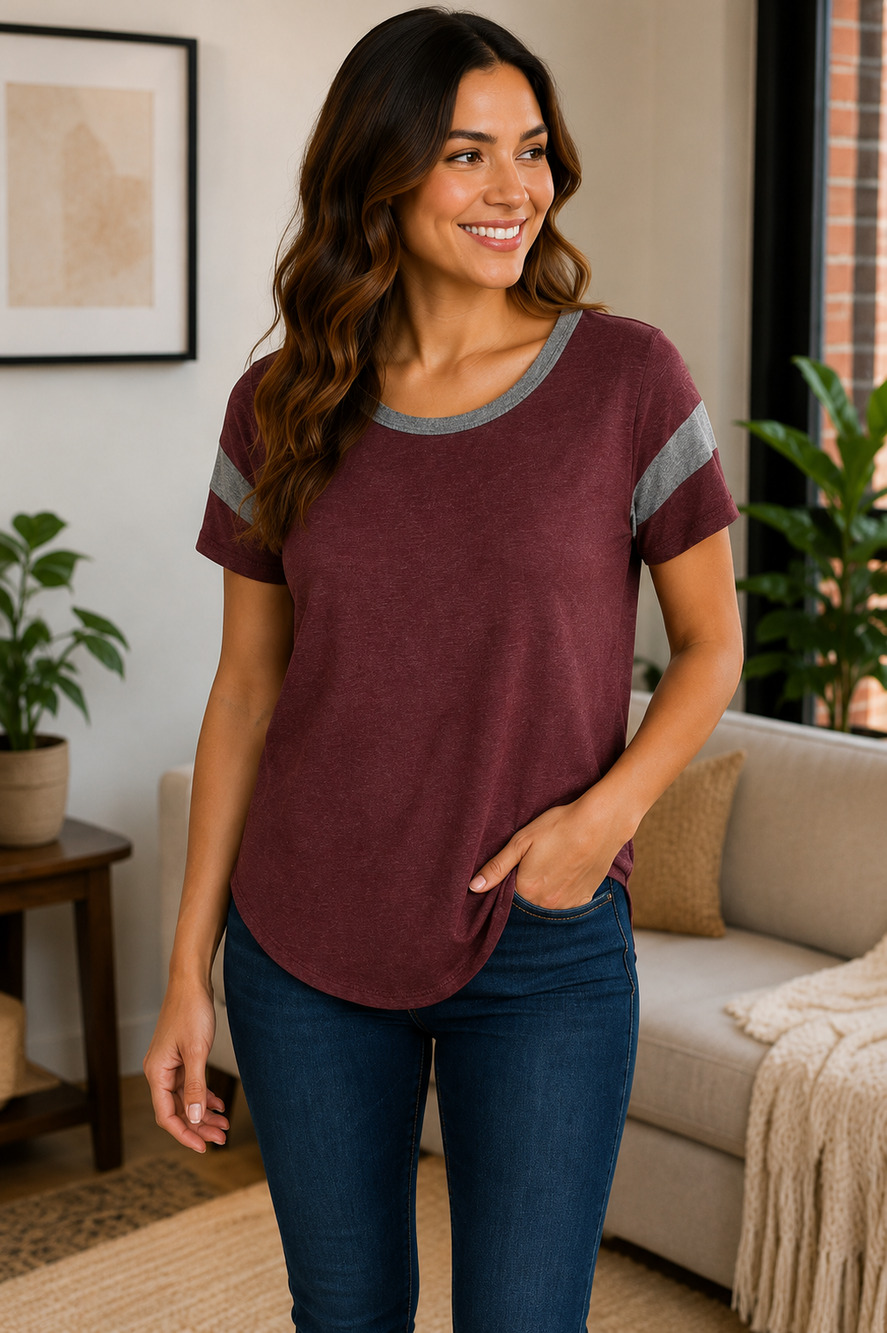 NWT Chaser Small Dark Ruby Streaky Grey Colorblock Baseball Tee Scoop Hem